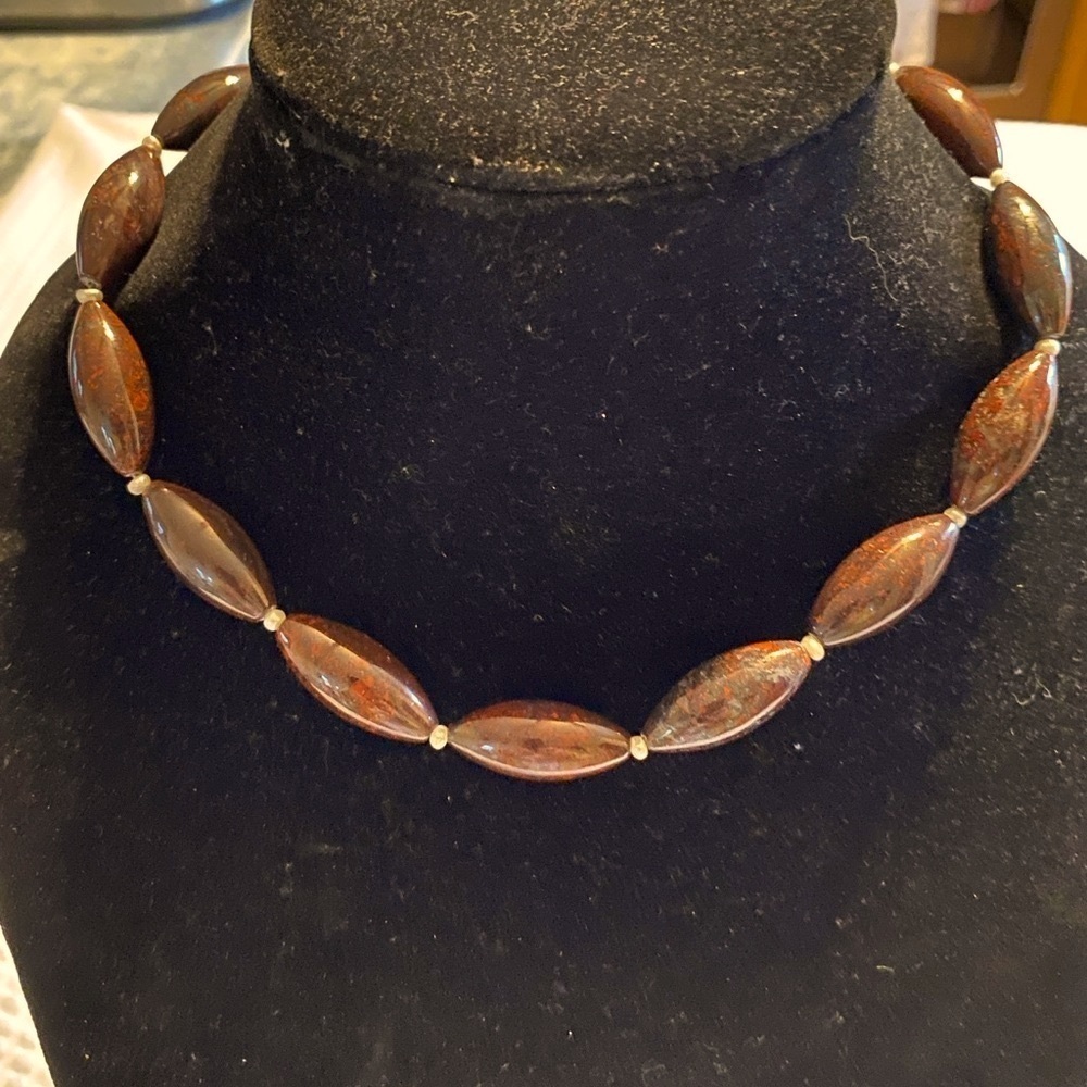 Red Brown Stone Oval Bead with small Pearl Spacers Necklace 925 Sterling